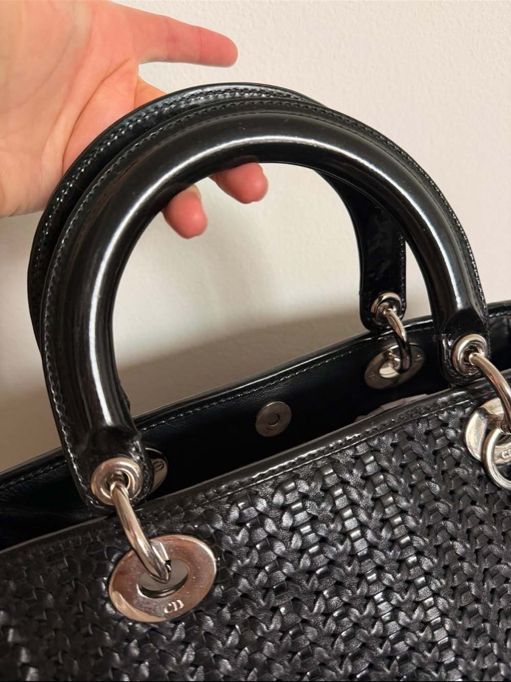 Cristian Dior Classic Black Woven Tote Bag with Top Handles